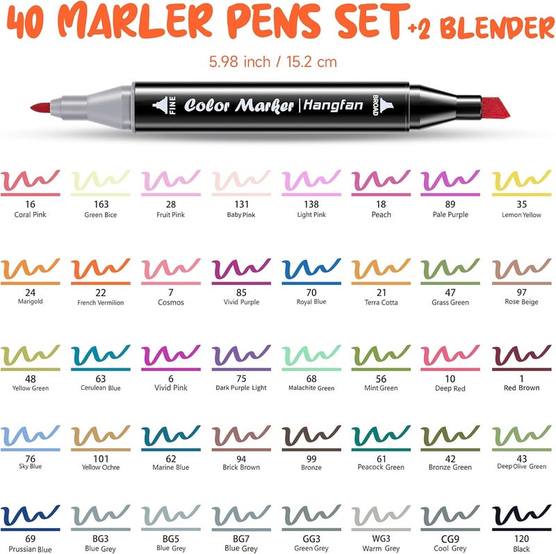 HandFan Art Markers, for Adult Coloring Books No Bleeding,40 Colors Dual Tip Alcohol Markers Brush Tip,Give 1 White Highlighter,1 Tracing Pen,Anime Coloring Sketch Illustrations (Black Pen Container) - Image 2